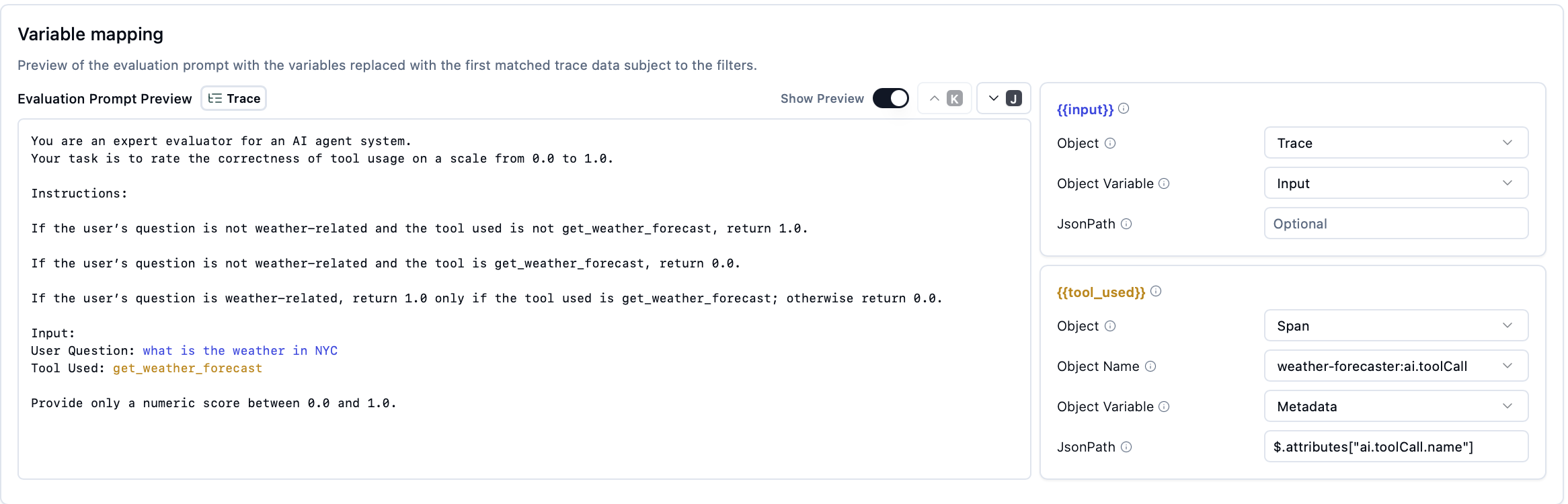 Langfuse helpfulness evaluator setup screen showing evaluator configuration with variable mapping and trace targeting options
